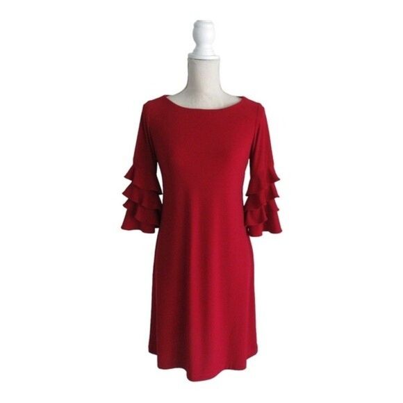 Red Shift Dress with Ruffle Bell Sleeves - Picture 2 of 9